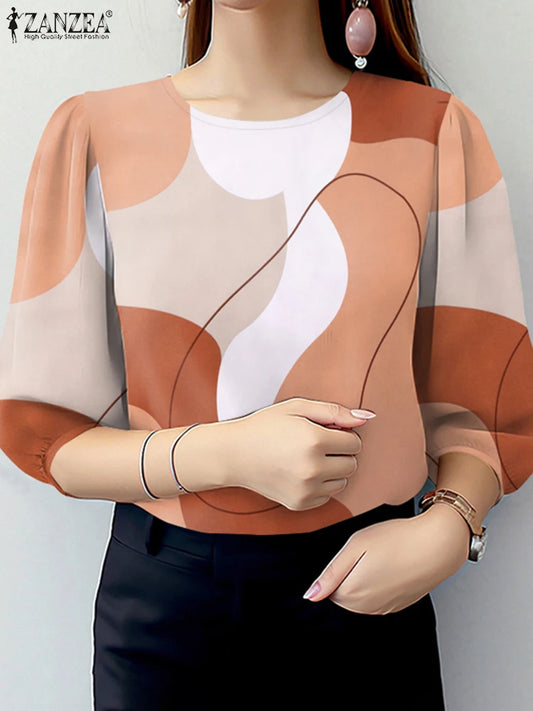 ZANZEA Elegant Color-Blocked 3/4 Puff Sleeve Blouse 