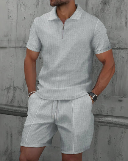 Men's Two-Piece Zip-Up Lapel T-Shirt and Shorts Set - Casual Summer Activewear