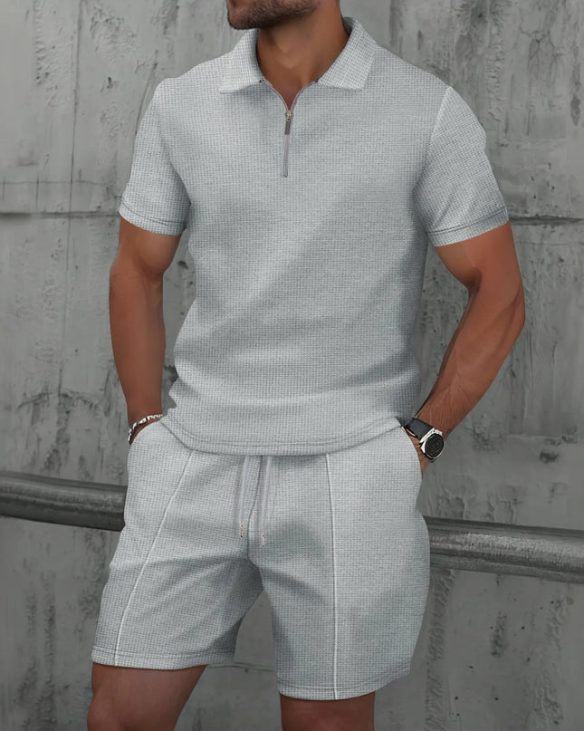 Men's Two-Piece Zip-Up Lapel T-Shirt and Shorts Set - Casual Summer Activewear