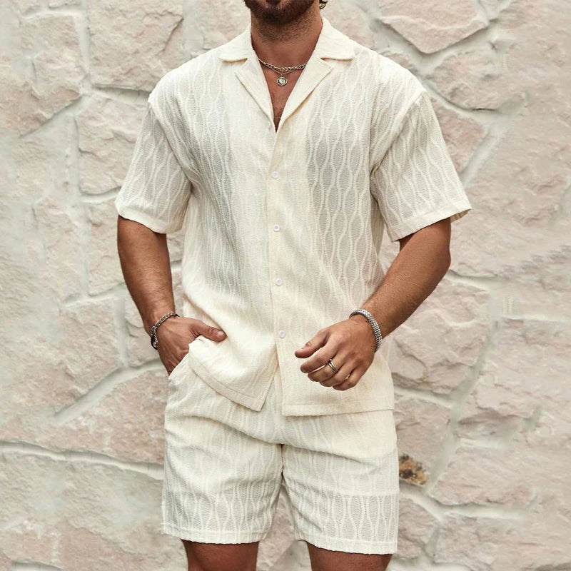 Men's Two-Piece Geometric Texture Shirt & Shorts Set