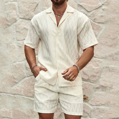 Men's Two-Piece Geometric Texture Shirt & Shorts Set