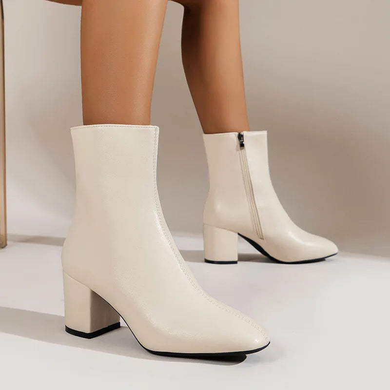 Women's Stretch Ankle Boots with Side Zipper and Mid Heel