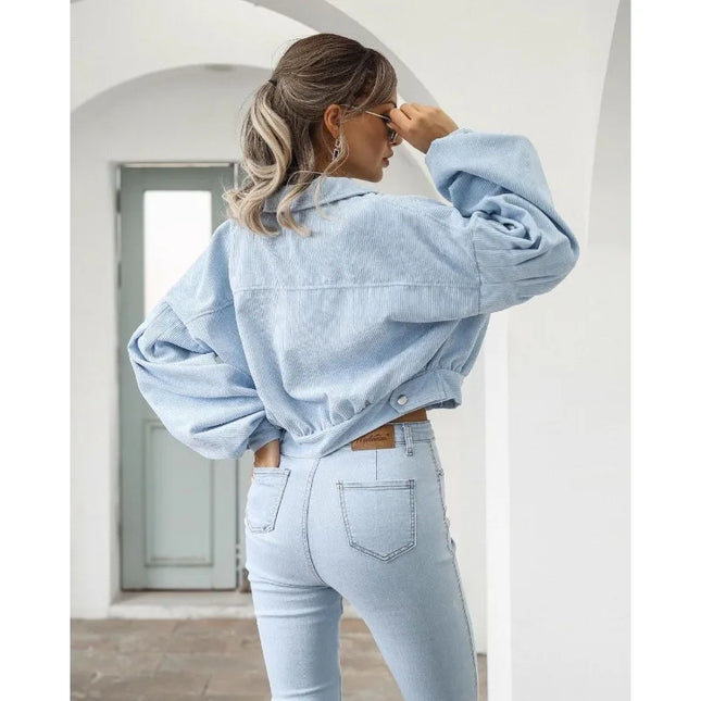 Women's Casual Lapel Corduroy Jacket with Lantern Sleeves