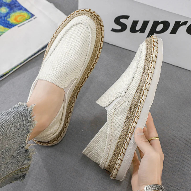 Comfortable Men's Slip-On Flats - Breathable Canvas Linen Loafers for Men