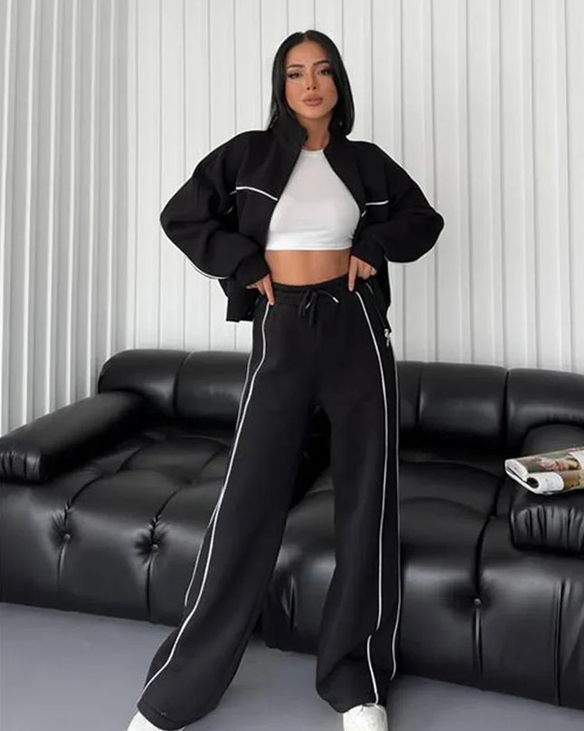 Women's Two-Piece Striped Zipper Jacket and Pants Set