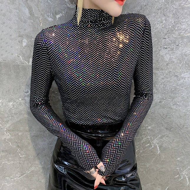 Shiny Sequin Turtleneck Sweater for Women - Long Sleeve Slim Fit Sequin Top