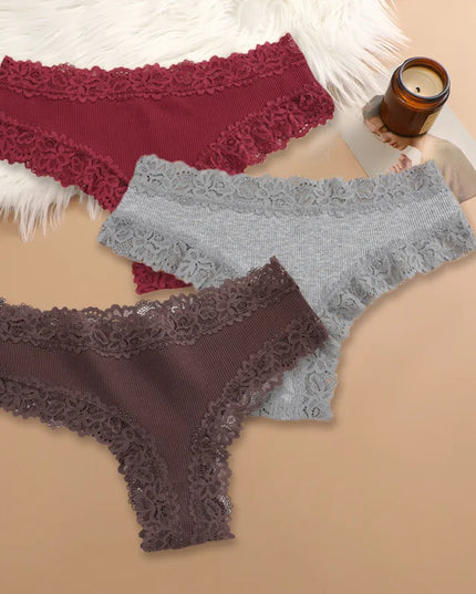 Set of 3 Women's Cotton Lace Panties - Floral Print & Trendy Patchwork Briefs