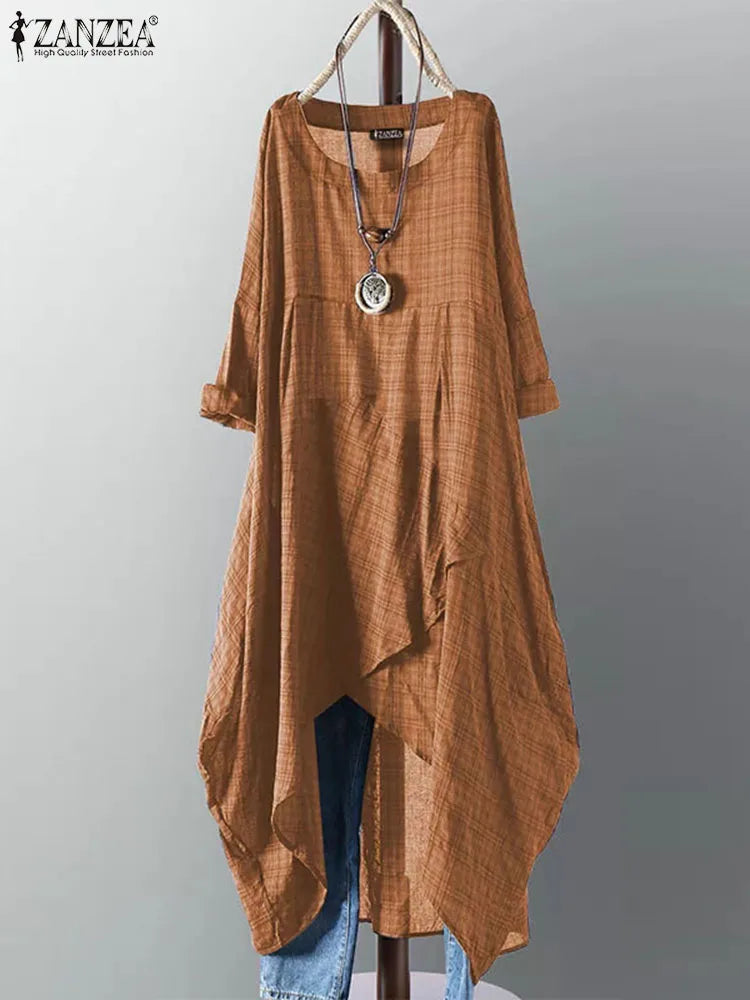 Zanzea Vintage Plaid Midi Dress - Long Sleeve - Women's Casual Dress