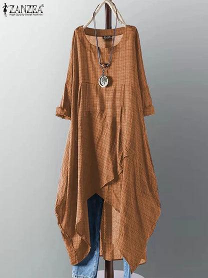Zanzea Vintage Plaid Midi Dress - Long Sleeve - Women's Casual Dress