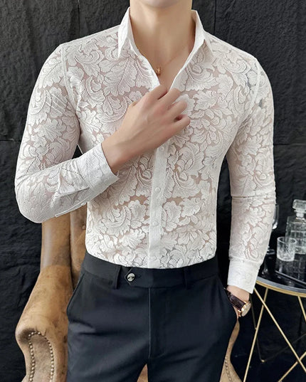 Men's Mesh See-Through Floral Lace Sheer Casual Shirt