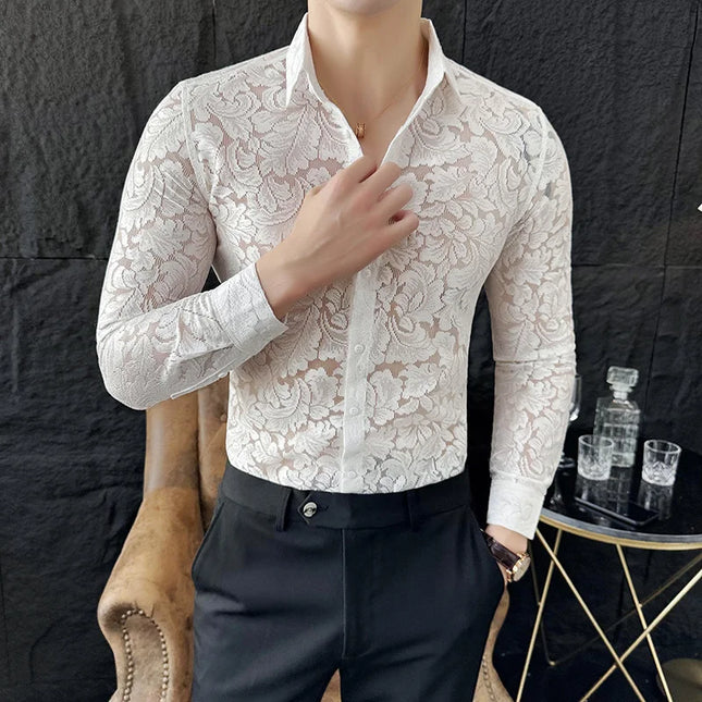 Men's Mesh See-Through Floral Lace Sheer Casual Shirt