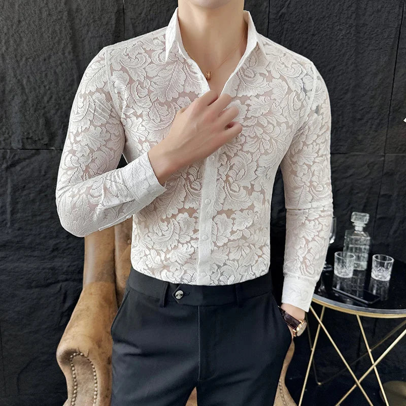 Men's Mesh See-Through Floral Lace Sheer Casual Shirt