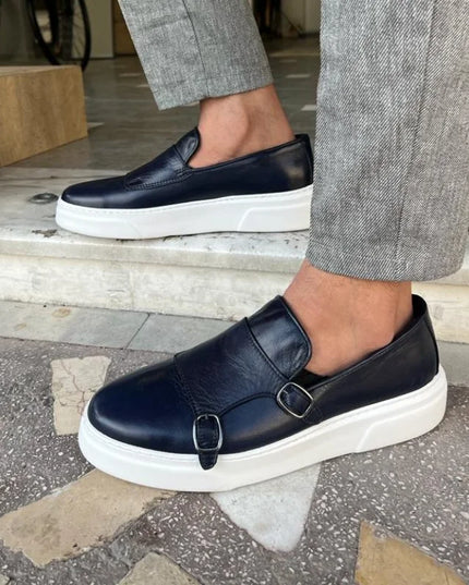 Men's Faux Leather Slip-On Shoes with Double Buckle