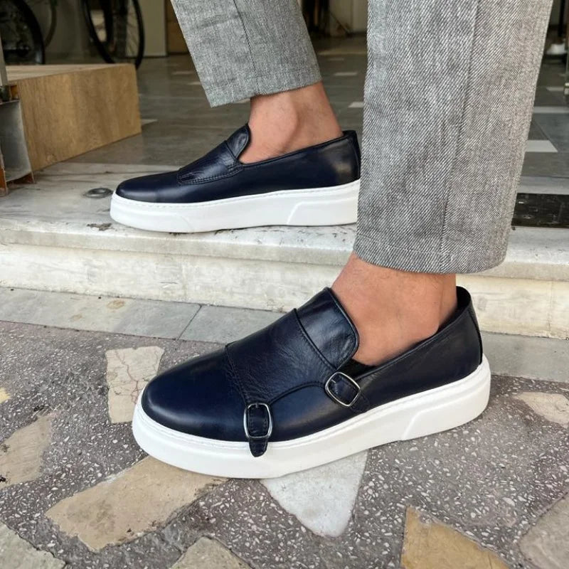 Men's Faux Leather Slip-On Shoes with Double Buckle