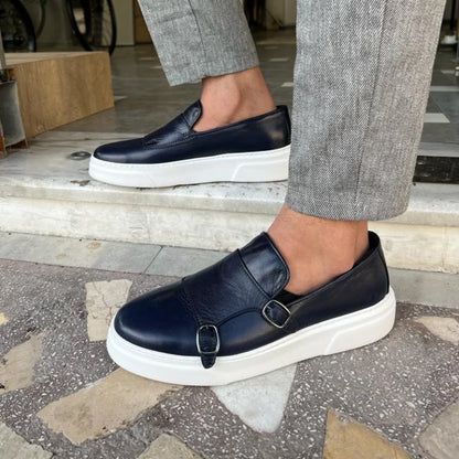 Men's Faux Leather Slip-On Shoes with Double Buckle