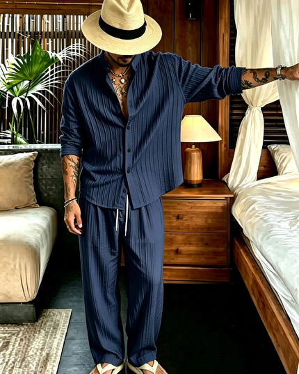 Men’s Textured Vertical-Stripe Two-Piece Set with Loose Button-Down Shirt and Drawstring Pants