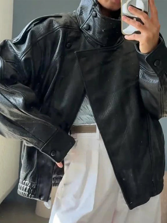 Women's Stand Collar Faux Leather Jacket with Double Button Closure