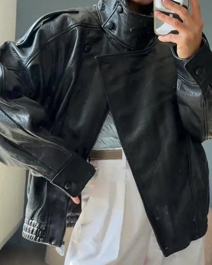 Women's Stand Collar Faux Leather Jacket with Double Button Closure