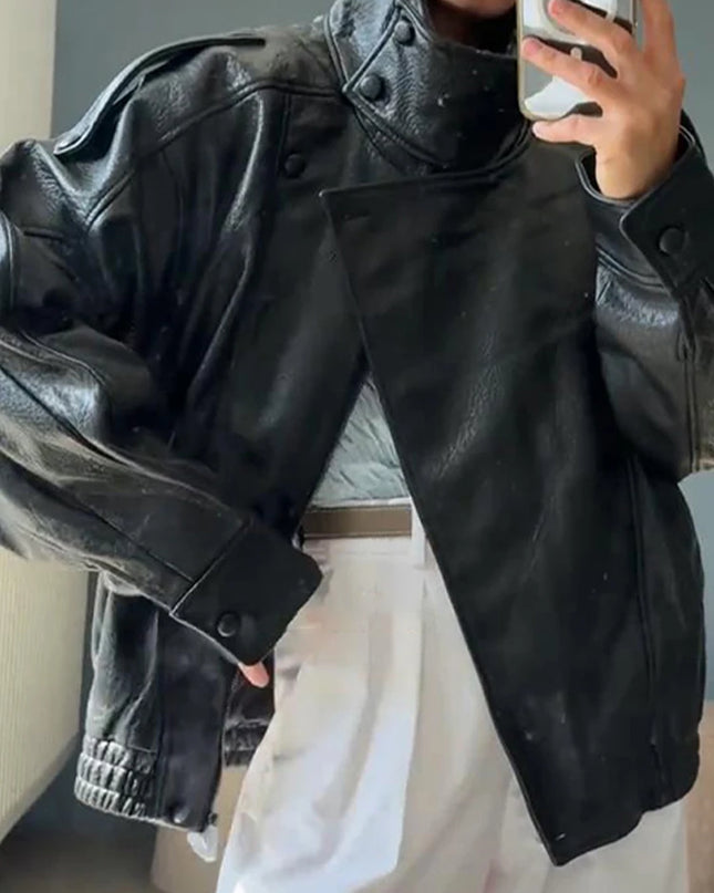 Women's Stand Collar Faux Leather Jacket with Double Button Closure