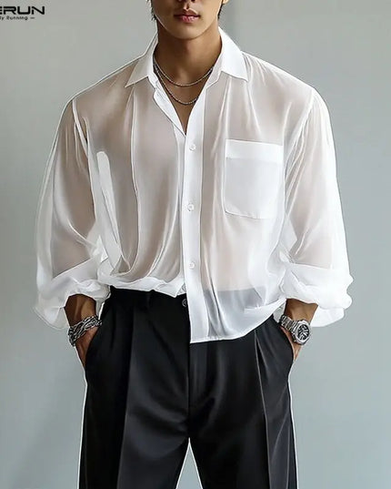 INCERUN Men's Chiffon Lapel Long Sleeve See-Through Loose Shirt
