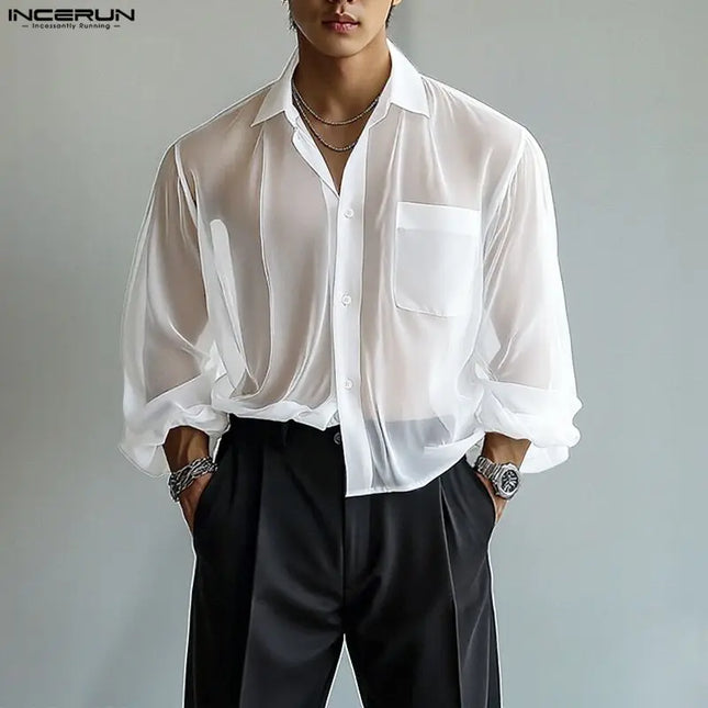 INCERUN Men's Chiffon Lapel Long Sleeve See-Through Loose Shirt