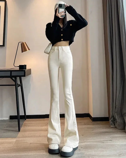 High Waist White Jeans for Women - Slim Fit Flared Denim Pants