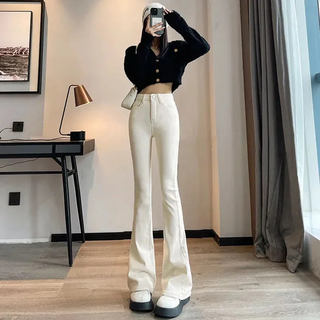 High Waist White Jeans for Women - Slim Fit Flared Denim Pants