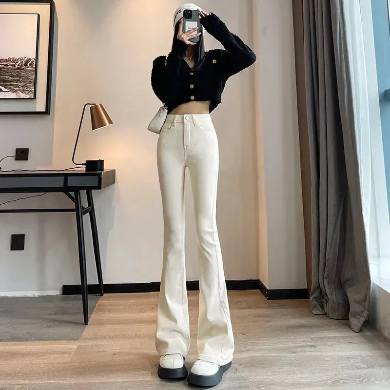 High Waist White Jeans for Women - Slim Fit Flared Denim Pants