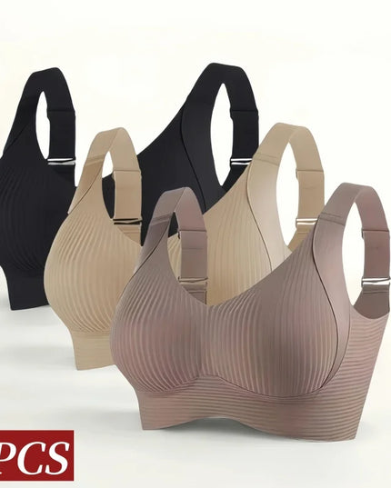3-Piece Women's Non-Wire Push-Up Bra Set with Seamless Ribbed Design