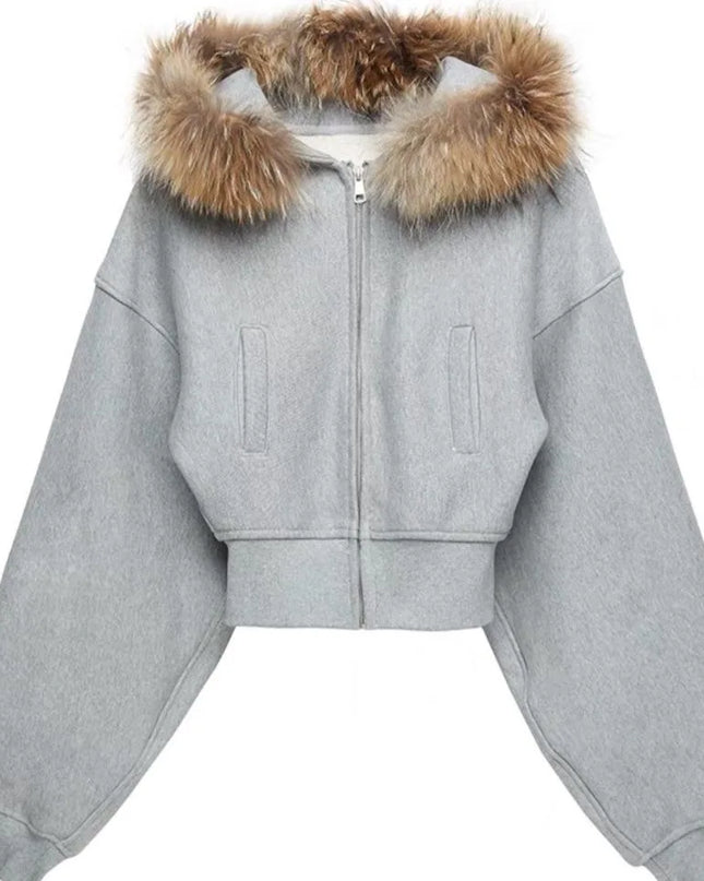 Women's Faux Fur Collar Cropped Zipper Hooded Jacket
