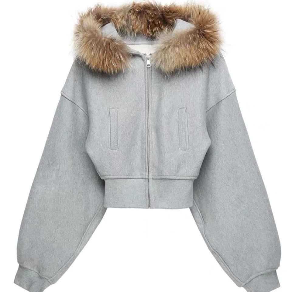 Women's Faux Fur Collar Cropped Zipper Hooded Jacket