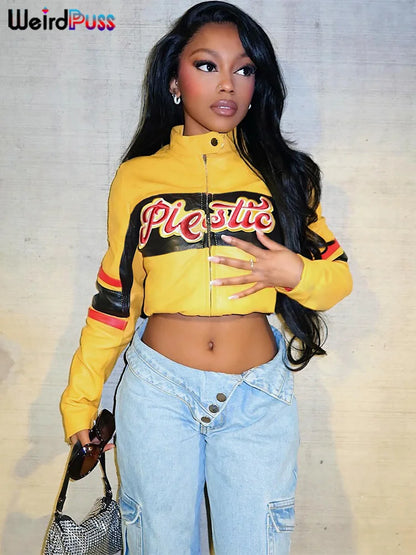 WeirdPuss Letter Embroidery Varsity Jacket for Women | Faux Leather & Stylish Outerwear
