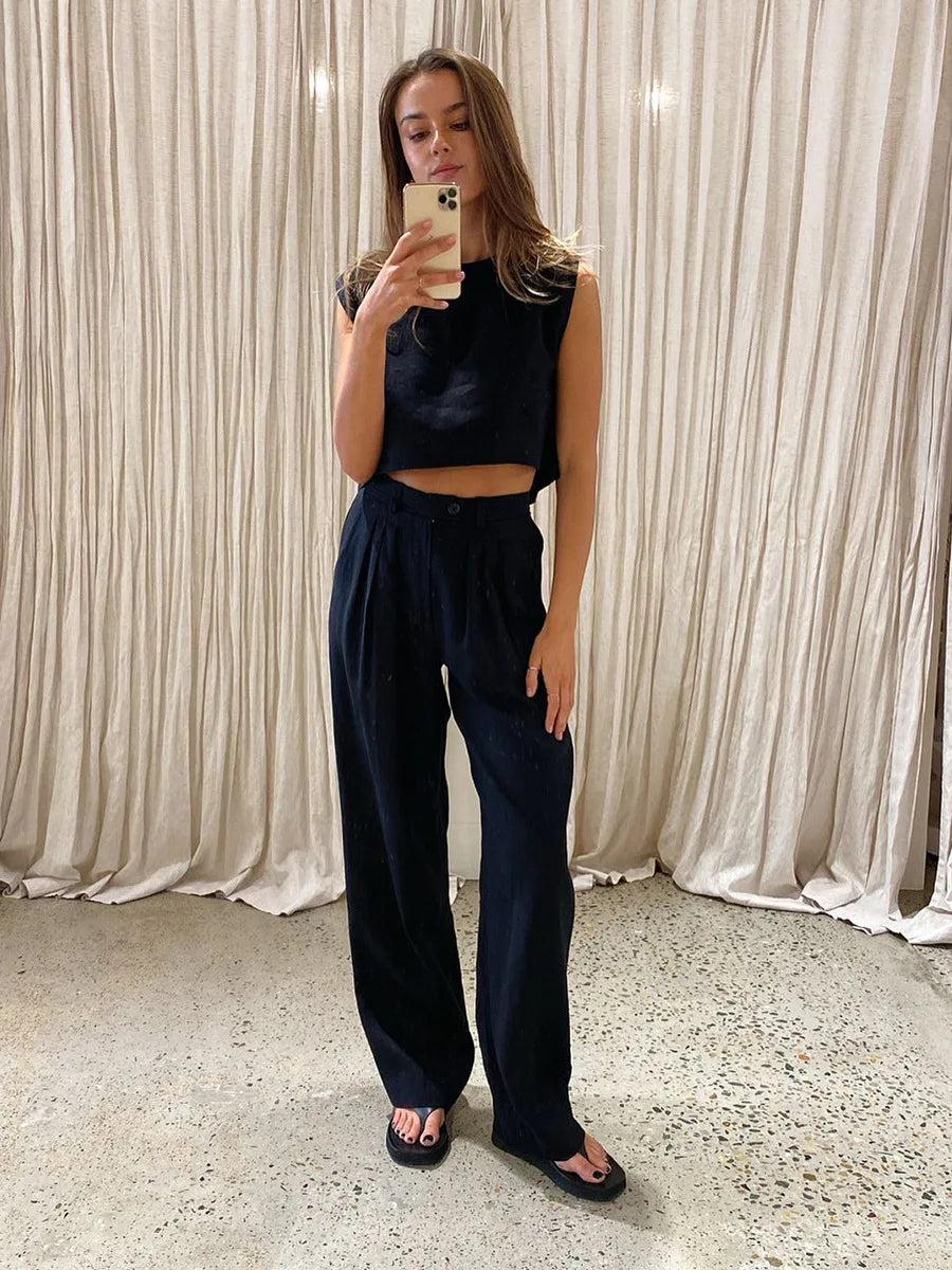 Women's Cotton Linen Two-Piece Vest and Pants Set