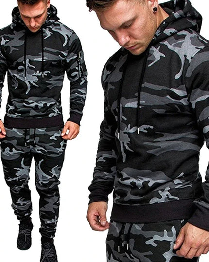 Two views of a person wearing a camouflage hoodie and pants set on a white background.