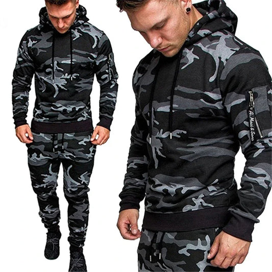 Two views of a person wearing a camouflage hoodie and pants set on a white background.
