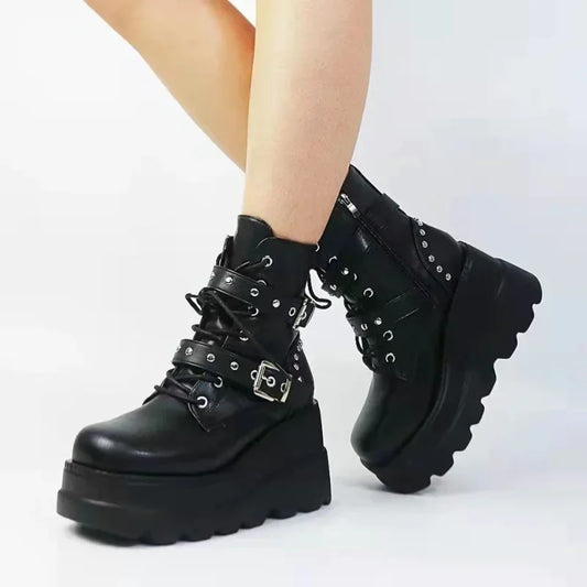 Women's Faux Leather Ankle Boots with Round Toe & Lace-Up Design