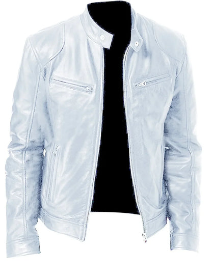Men's Slim Fit Faux Leather Motorcycle Jacket - Short Lapel PU Coat with Zipper