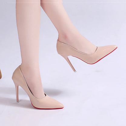 Women's Faux Leather Pointed Toe High Heels with Red Rubber Sole