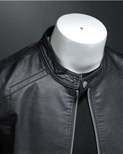 Men's Slim Fit Faux Leather Jacket with Stand Collar - Casual PU Leather Outerwear