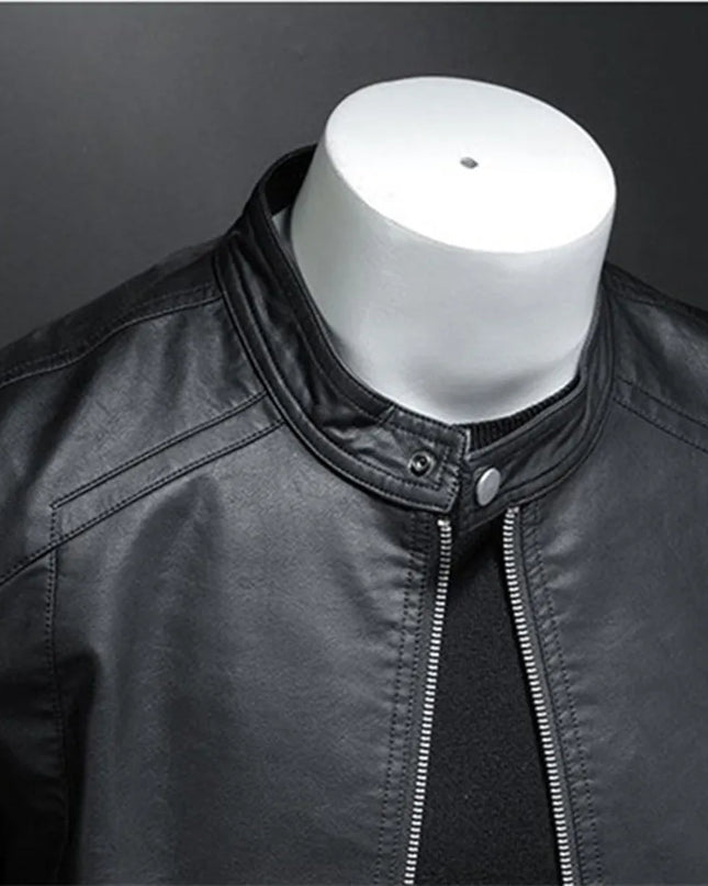 Men's Slim Fit Faux Leather Jacket with Stand Collar - Casual PU Leather Outerwear