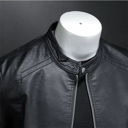 Men's Slim Fit Faux Leather Jacket with Stand Collar - Casual PU Leather Outerwear