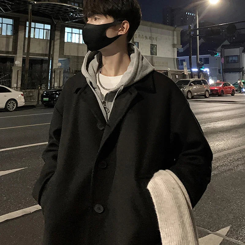 Men's Woollen Long Coat with Turn-Down Collar