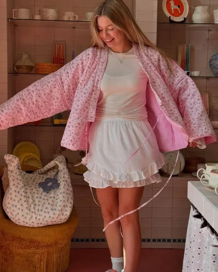 Floral Print Loose-Fit Pink Lace-Up Jacket for Women