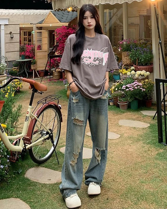 Women's Retro High-Waisted Loose Straight-Leg Jeans with Hole Punched Design