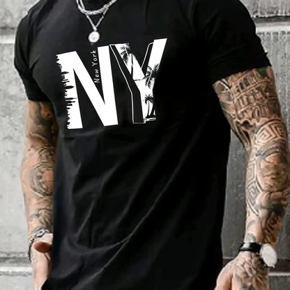 Men's 100% Cotton Casual T-Shirt with NY Letter Print