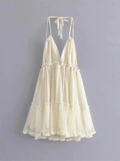 Women's Bow-Back Lacing Halter Collar Mesh Pleated Mini Dress