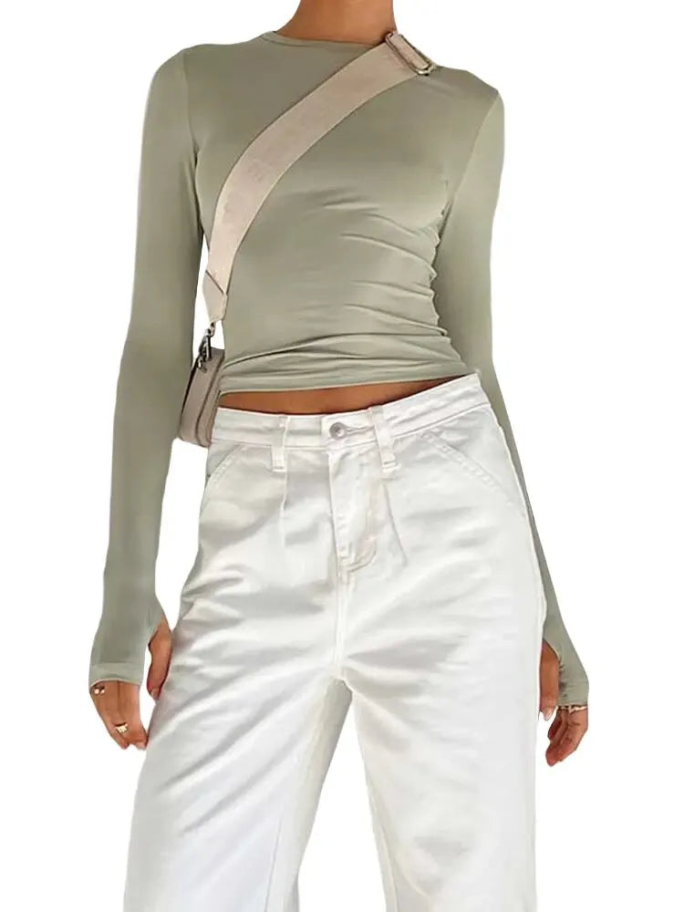 Women's Long Sleeve Slim Fit Top with Thumb Holes - Various Colors