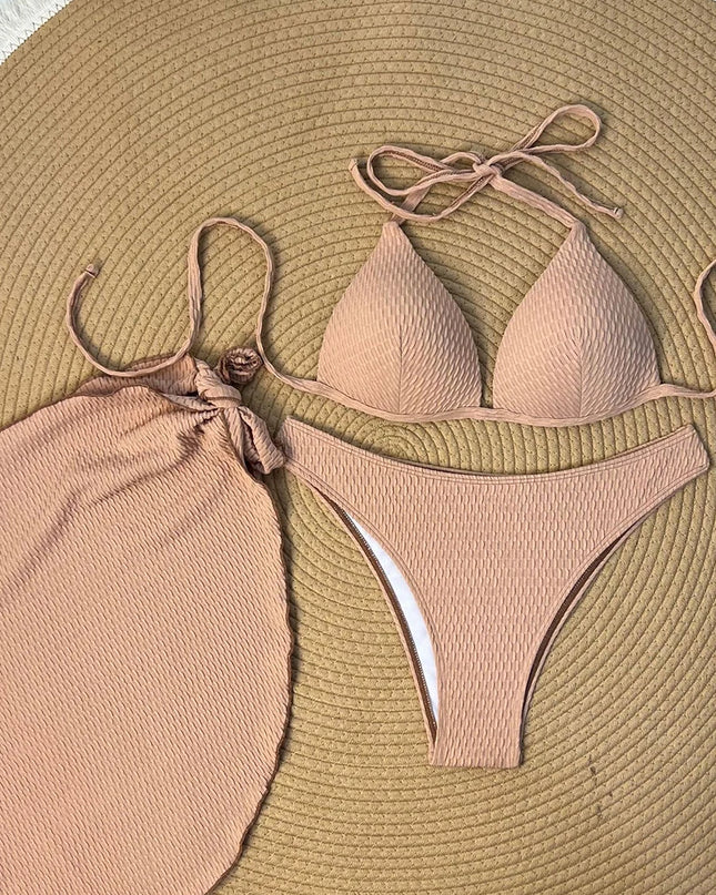 Women's 3-Piece Halter Triangle String Bikini Swimsuit with Push-Up Design