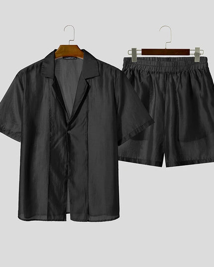 INCERUN Men’s Two-Piece Sheer Short-Sleeve Shirt and Shorts Set