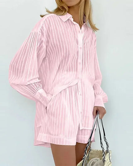 Women's Casual Two-Piece Striped Jacquard Shirt and Elastic Waist Shorts Set